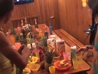 This awesome Hawaiian theme sex party took place in a sauna where all the nasty coeds had a blast